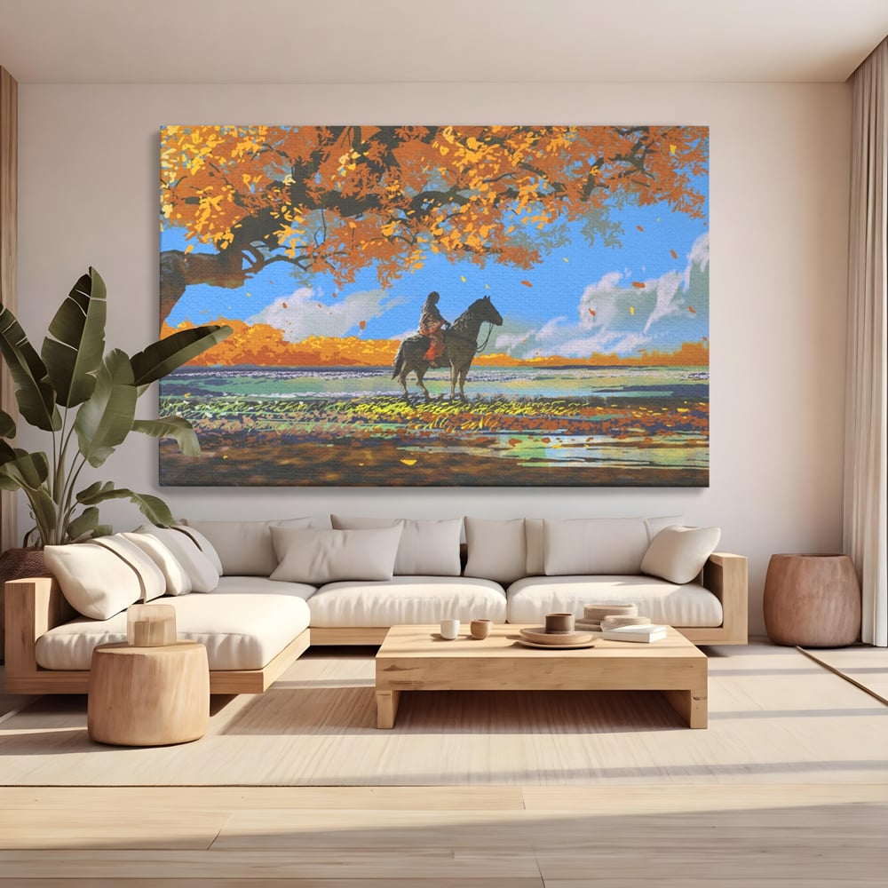 Tablou canvas cu tablou canvas cu fata pe cal, fara rama, pe sasiu de lemn, pe perete intr-un living
